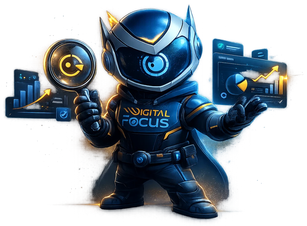 Digital Focus mascot inspecting analytics and growth charts